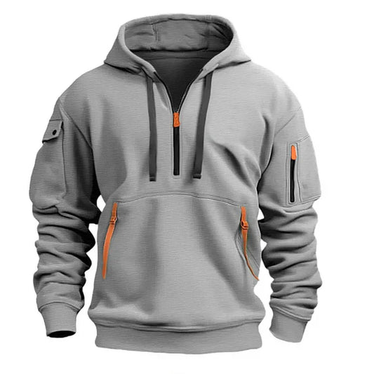 Gray hoodie with orange accents on a white background