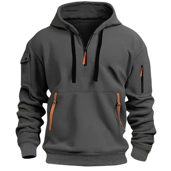 Gray hoodie with orange zippers and pockets on a white background