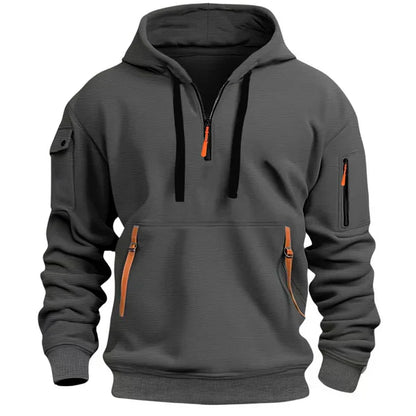 Gray hoodie with orange zippers and pockets on a white background