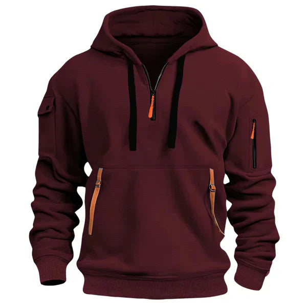 Maroon hoodie with orange accents on a white background