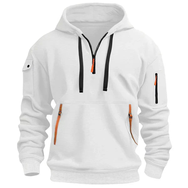 White hoodie with black and orange zippers on a white background