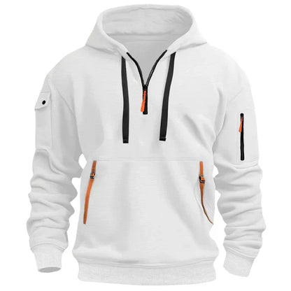White hoodie with black and orange zippers on a white background