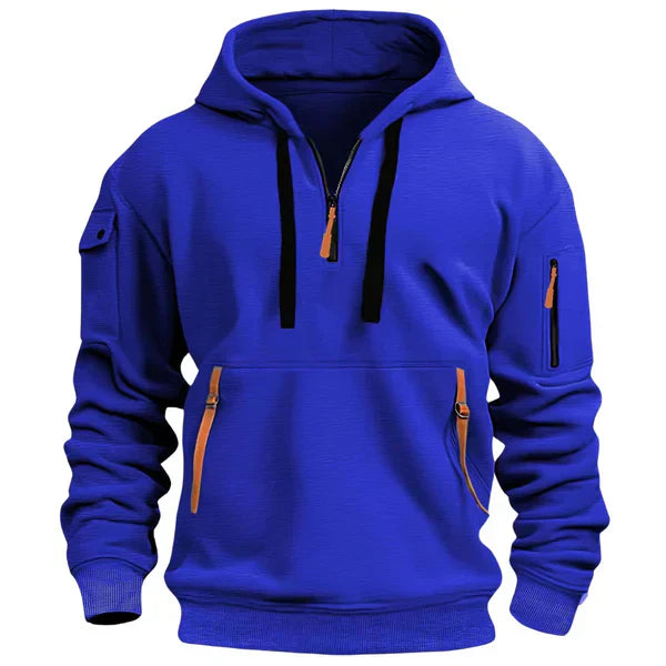 Blue hoodie with orange zippers on a white background