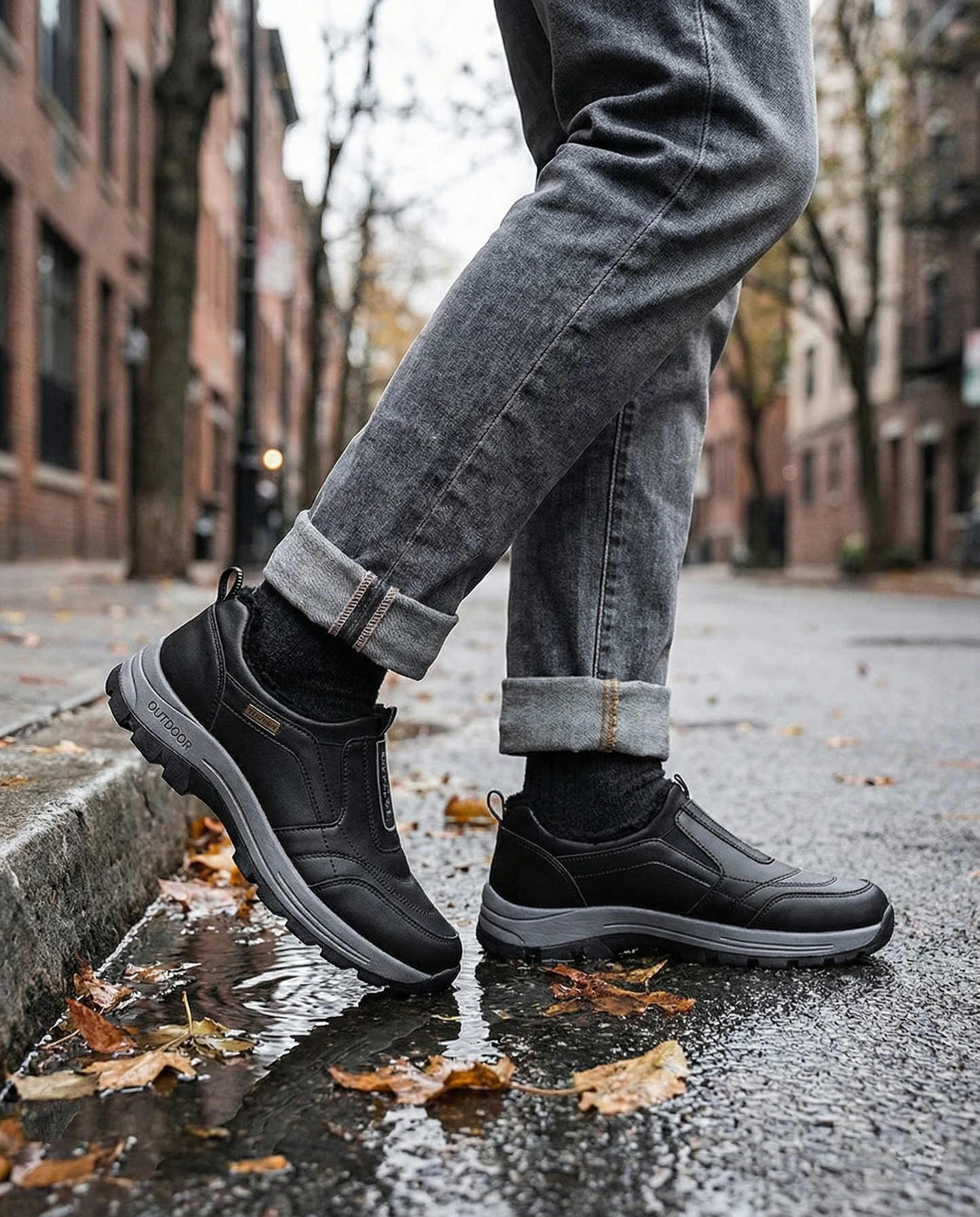 Person wearing black shoes and jeans on a city street with puddles and leaves.